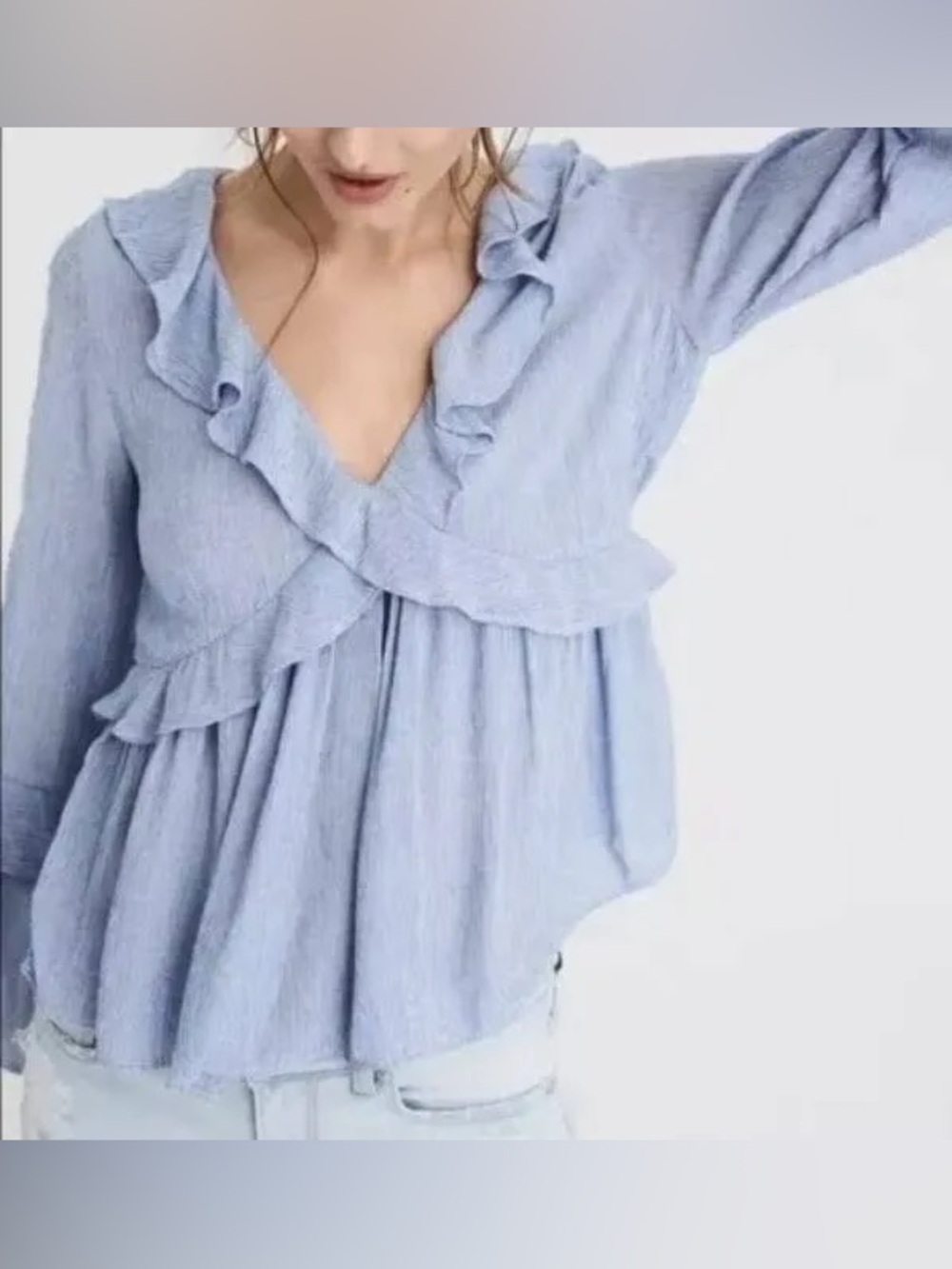 American Eagle Blue Striped Ruffle V-Neck Blouse Boho Peplum Bell Sleeve Top M